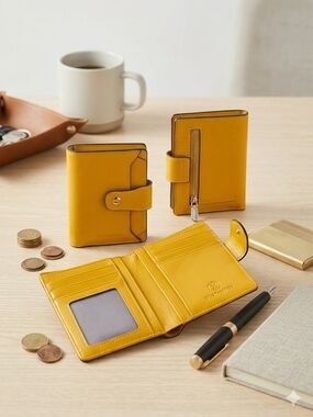 Bostanten Yellow Genuine Leather RFID Small Bifold Wallet NWOT